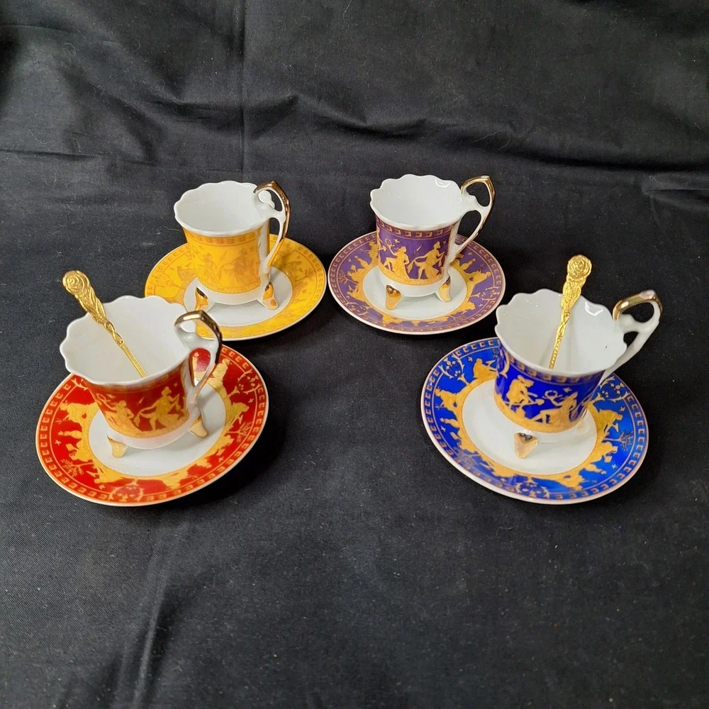 1940s Duca Di Bavaria Espresso Cup Saucer Set 4 Colors Greek Mythology Gold Trim